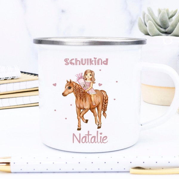 Emaille Tasse Geschenk Einschulung, Pferd, Mädchen, Zuckertüte mit Pferd, Schulkind 2021, Tasse Kinder geschenk,