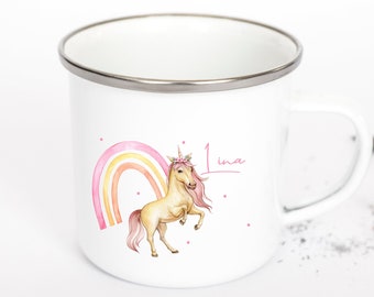 Emaille Tasse mit Namen, Tasse für Kinder, Kindertasse mit Unicorn,Tasse als Geschenk für Mädchen,  Tasse mit Unicorn und Regenbogen