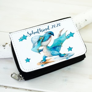 Geldbeutel mit Drache und Skateboard, personalisierte Gelbeutel mit Drache für Junge, Geldbeutel für Schulkind, Geldbeutel für Schulkind,