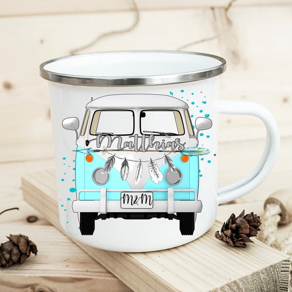 Emaille Becher Tasse mit Namen, VW BUS, Partnerlook, Hochzeit, Verlobung, Mann, als Geschenk, Boho, Liebe, Love, blau, Feder, für Kinder