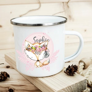 Enamel mug, enamel cup, fox, love, mother, daughter, girl, flowers, school, enamel cup for children, enamel cup for children,