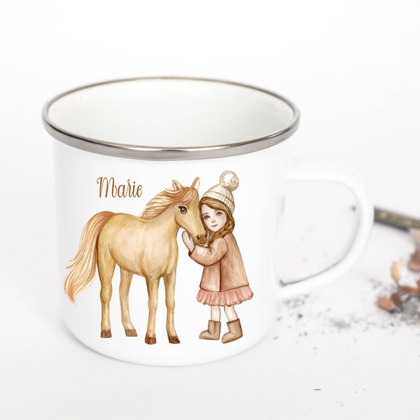 Children's mug, children's mug, motif, enamel cup with horse, ponny and girl, gift cup, cup with horse