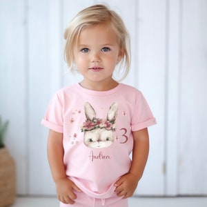 Birthday shirt with bunny flowers /personalized with number and name/outfit birthday/shirt pink and white