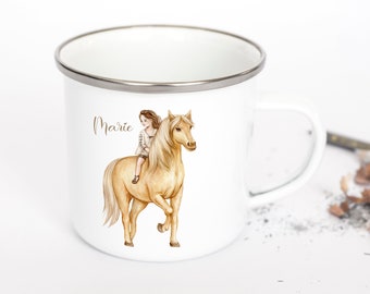 Emaille Tasse mit Namen, Tasse für Kinder, Kindertasse mit Pferde und Mädchen, Pferd, Tasse als Geschenk für Kinder, Tasse mit Pferd,