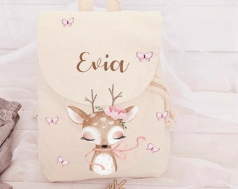 Kinderrucksack mit Rehe Boho Blumen  / Personalisiert /  Kindergartenanfang/ rosa / creme/ Geburtstagsgeschenk