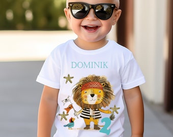 Birthday shirt personalized with name and number, pirate party lion, boy