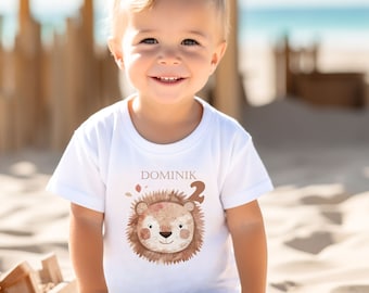 T-shirt with lion head, birthday shirt personalized with name and number. Safari lion