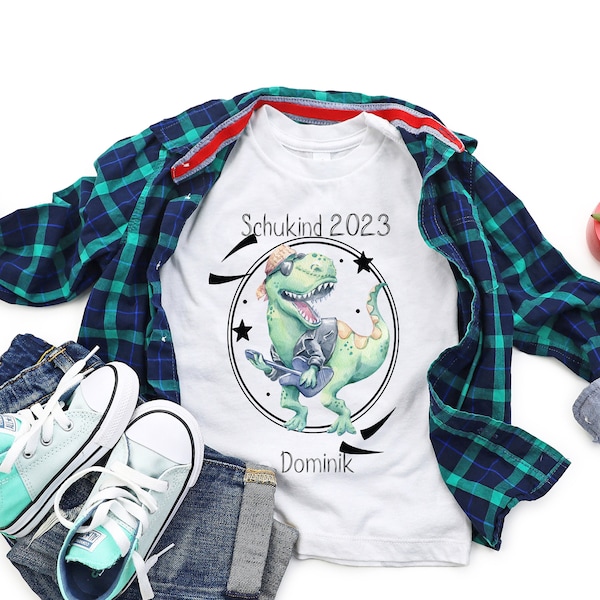Einschulung T-Shirt für Junge / Geschenk Erstklässler/ Dino cool Rock Zuckertüte/