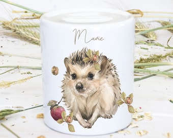 Money box with name and motif.Children's money box with hedgehog, personalized money box for girls or boys, baptism, birth, as a gift,