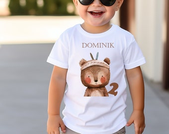 T-shirt with bear boho, birthday shirt personalized with name and number. Forest motif