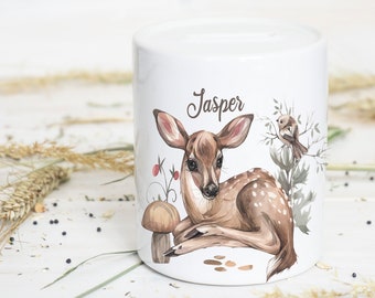 Money box with name and motif, money box with deer, Bambi, and forest, personalized money box for girls, money box for baptism,