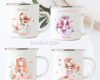 Emaille Tasse Personalisiert  für Kinder/  Einschulung Geschenk, Mädchen , Meerjungfrau, Unterwasserwelt