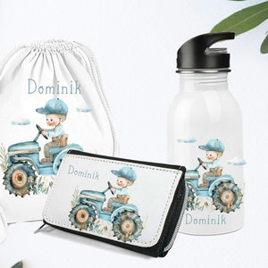 Gourde personnalisée avec nom / cadeau d'anniversaire tracteur, garçon de ferme / enfant de maternelle / sac en tissu