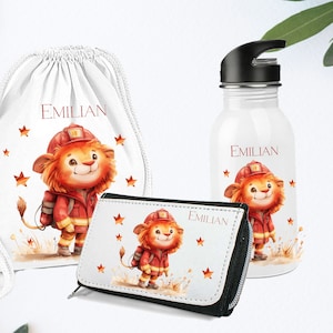 Gourde personnalisée avec nom / écolier / étoiles des pompiers de lion / enfant de maternelle / gourde