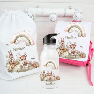 Sac à dos pour enfants personnalisé avec nom / bouteille en acier inoxydable motif forêt / lapin cerf / boîte à lunch maternelle