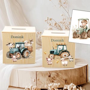 Personalisierte Spardose aus Holz – Einzigartiges Geschenk für Kinder, Traktor Tiere, Bauernhof