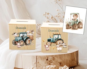 Personalisierte Spardose aus Holz – Einzigartiges Geschenk für Kinder, Traktor Tiere, Bauernhof