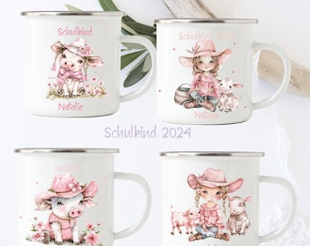 Emaille Tasse Personalisiert  für Kinder/  Einschulung Geschenk, Mädchen , Bauernhof Kuh, Tiere Mädchen