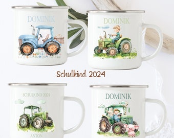 Emaille Tasse  für Kinder/  Einschulung Geschenk, Junge , Traktor, Bauernhof, Junge, Tiere