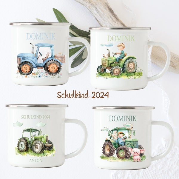 Emaille Tasse  für Kinder/  Einschulung Geschenk, Junge , Traktor, Bauernhof, Junge, Tiere