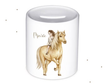Money box with name, children's money box with horse and girl, personalized money box for girls, baptism, birth, as a gift,