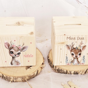 Spardose personalisiert mit Namen / Spardose aus Holz / Boho Rehe Mädchen Geburt / Taufe