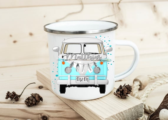 Emaille Becher Tasse mit Namen, VW BUS, Partnerlook, Hochzeit