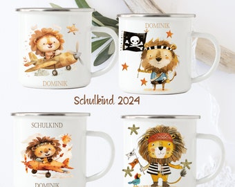 Emaille Tasse  für Kinder/  Einschulung Geschenk, Junge Löwe , Pirat Löwe, Geburtstagsgeschenk