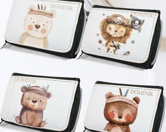 Wallet with lion, bear, boho / personalized/ wallet for children/ gift for birthday/ money packaging/