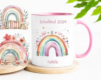 School enrollment cup pink/ rainbow boho / children's cup I am a schoolchild 2024/ girl first grader