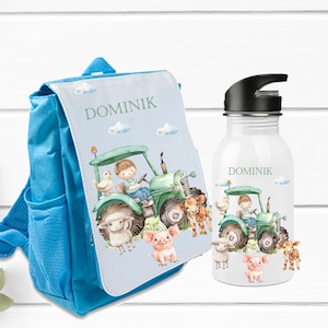 Boîte à lunch pour garçon avec tracteur personnalisée avec nom / tracteur à bouteilles en acier inoxydable avec garçon/animaux de ferme, sac à dos jardin d'enfants