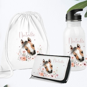 Kinderflasche mit  Namen Personalisiert / Schulkind/ Erstklässler  Pferd / Kindergartenkind / Stoffbeutel/