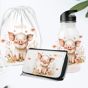 Trinkflasche  mit  Namen Personalisiert / Geburtstagsgeschenk  Ferkel, Blumen , Schweinschen /  / Kindergartenkind / Stoffbeutel