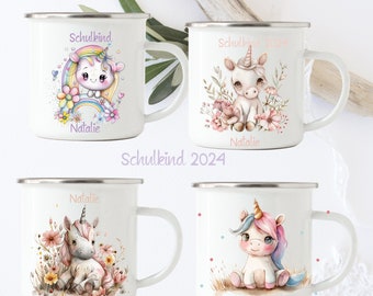 Emaille Tasse Personalisiert  für Kinder/  Einschulung Geschenk, Mädchen , Unicorn, Blumen