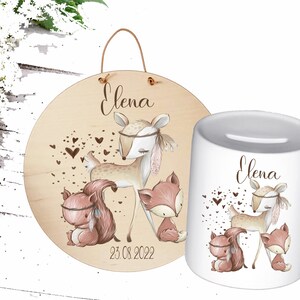 Spardose mit Namen und Motiv. Cute, Geschenk, Tiere, Wald. Spardose für Mädchen, Spardose mit Eichhörnchen, Namensschild Holzschild