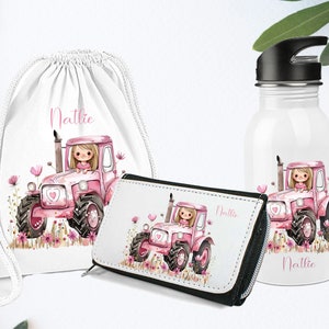 Trinkflasche  mit  Namen Personalisiert / Geburtstagsgeschenk  Waldmotiv Traktor, Mädchen, Blumen  /  / Kindergartenkind / Stoffbeutel