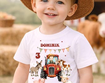 Maglietta di compleanno personalizzata per bambini – maglietta a tema fattoria con nome e numero – completo di compleanno per bambini con trattore