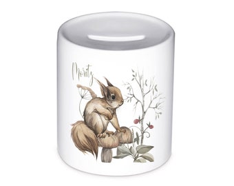Money box with name and motif, money box with squirrel and forest, personalized money box