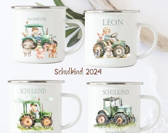 Emaille Tasse  für Kinder/  Einschulung Geschenk, Junge , Traktor, Bauernhof, Junge, Tiere