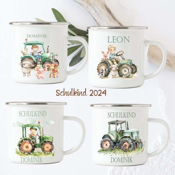 Emaille Tasse  für Kinder/  Einschulung Geschenk, Junge , Traktor, Bauernhof, Junge, Tiere