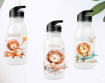 Trinkflasche mit Namen Personalisiert , für Einschulung , Kinderflasche, Trinkgefäß, Wasserflasche, Löwe Flugzeug, Boho