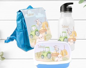 Kinderrucksack Bauernhof personalisiert für Junge / Traktor/ Tiere/ Bauernhof/ Trinkflasche mit Namen/ Geschenk zum Geburtstag / Kita Start