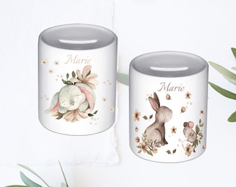 Money box personalized, money box for girls, boys/baptism gift/bunny forest motif/mouse flowers