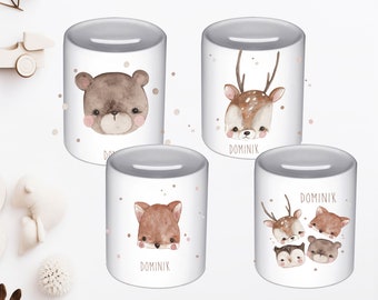 Money box with name / Personalized / Money box gift forest motif animals / birth baptism