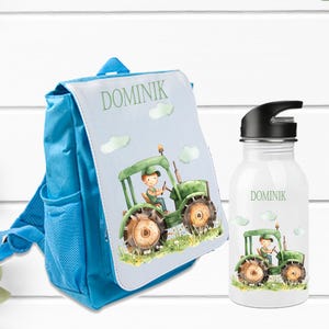 Boîte à lunch pour garçon avec tracteur personnalisée avec nom / tracteur à bouteilles en acier inoxydable avec garçon/animaux de ferme, sac à dos jardin d'enfants