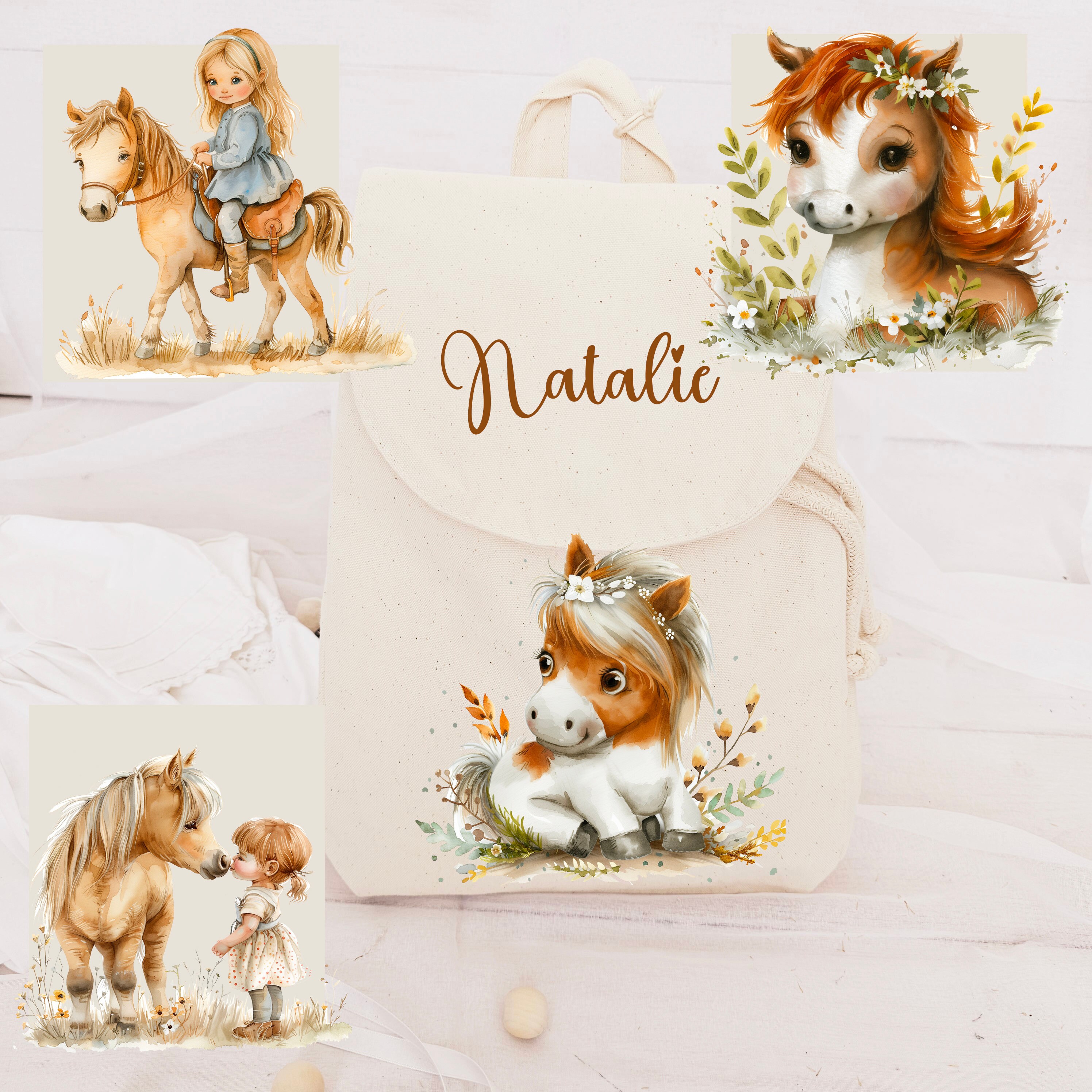 Custom Kids Backpack With Name - Cute Horse & Flowers Fairytale Design, School Bookbag For Boys & Girls, 11.4x5.5x16"