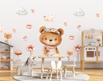 Wall sticker / wall decal / children's sticker / bear boho flowers,