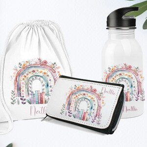 Geldbeutel   mit  Namen Personalisiert / Schulkind/ Erstklässler   Regenbogen Boho Bücher Schule   / Kindergartenkind / Wasserflasche