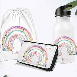 Trinkflasche mit  Namen Personalisiert / Schulkind/ Erstklässler   Regenbogen Boho Bücher Schule   / Kindergartenkind / Geldbeutel