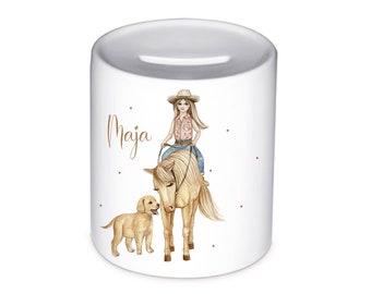 Spardose mit Pferd, Spardose für Kinder, personalisierte Spardose, Geschenk für Kinder, Pferd und Hund,